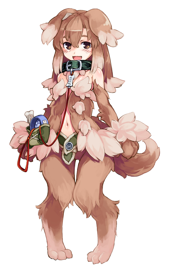 animal_ears bare_shoulders blush brown_eyes brown_hair collar dog_collar dog_ears dog_tags dog_tail full_body kenkou_cross kobold_(monster_girl_encyclopedia) long_hair looking_at_viewer monster_girl monster_girl_encyclopedia navel official_art open_mouth pet simple_background smile solo tail white_background