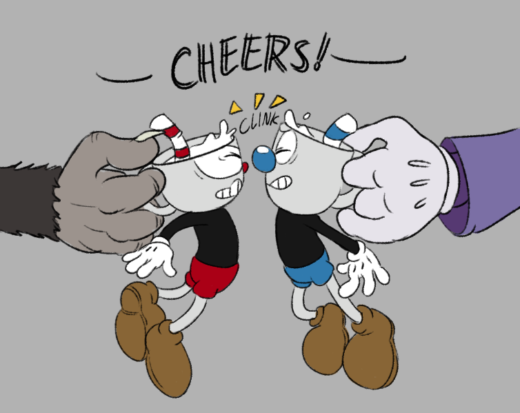 animate_inanimate black_fur brother brothers clothed clothing cuphead_(character) cuphead_(game) dialogue english_text fur gloves group king_dice male mugman object_head shorts sibling size_difference smaller_male text the_devil_(cuphead) toxic-boner video_games