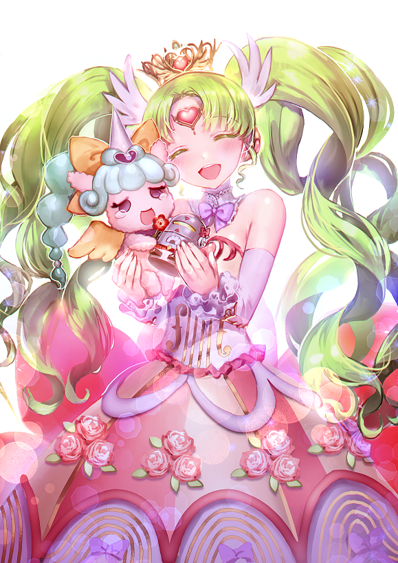 :d bangs bare_shoulders blush bow closed_eyes detached_collar detached_sleeves dress facing_viewer falulu flower forehead_jewel green_hair hair_ornament head_tilt heart holding irua lens_flare long_hair open_mouth parted_bangs pretty_(series) pripara rose smile tiara twintails unicorn_(pripara)