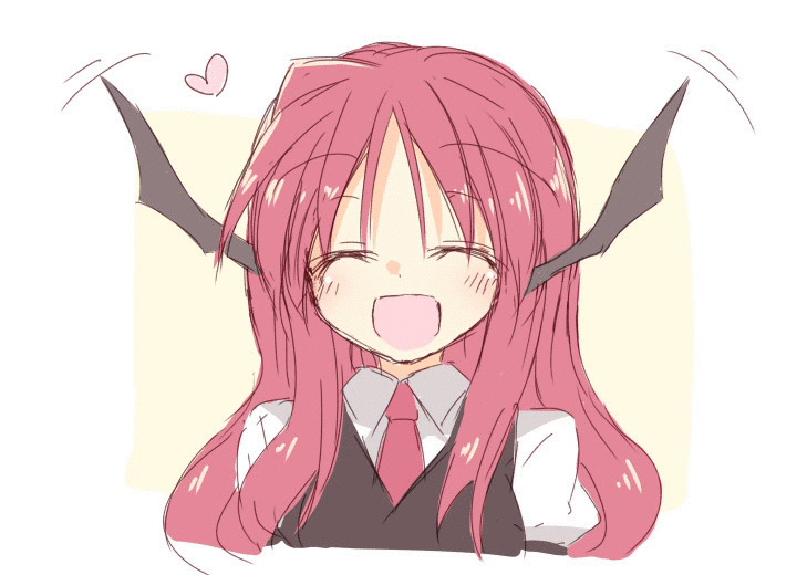 :d ^_^ animated animated_gif blush closed_eyes collared_shirt facing_viewer flapping happy head_wings heart koakuma long_hair necktie open_mouth puffy_sleeves red_hair satou_kibi shirt smile solo touhou upper_body vest