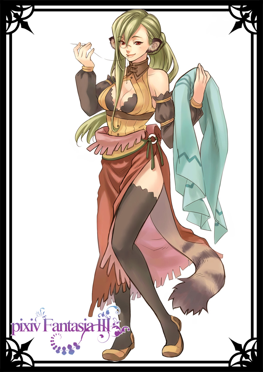 animal_ears black_legwear breasts cleavage commentary_request detached_sleeves full_body green_hair highres holding_needle large_breasts long_hair maano monocle needle pixiv_fantasia pixiv_fantasia_3 ponytail red_eyes skirt smile solo tail thighhighs thread yuuryuu_nagare