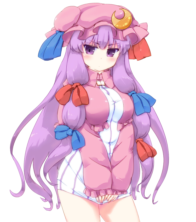 &gt;:( blush breasts coo cowboy_shot crescent dress dress_tug frown hat large_breasts long_hair mob_cap patchouli_knowledge purple_eyes purple_hair simple_background solo thighs touhou tsurime v-shaped_eyebrows white_background
