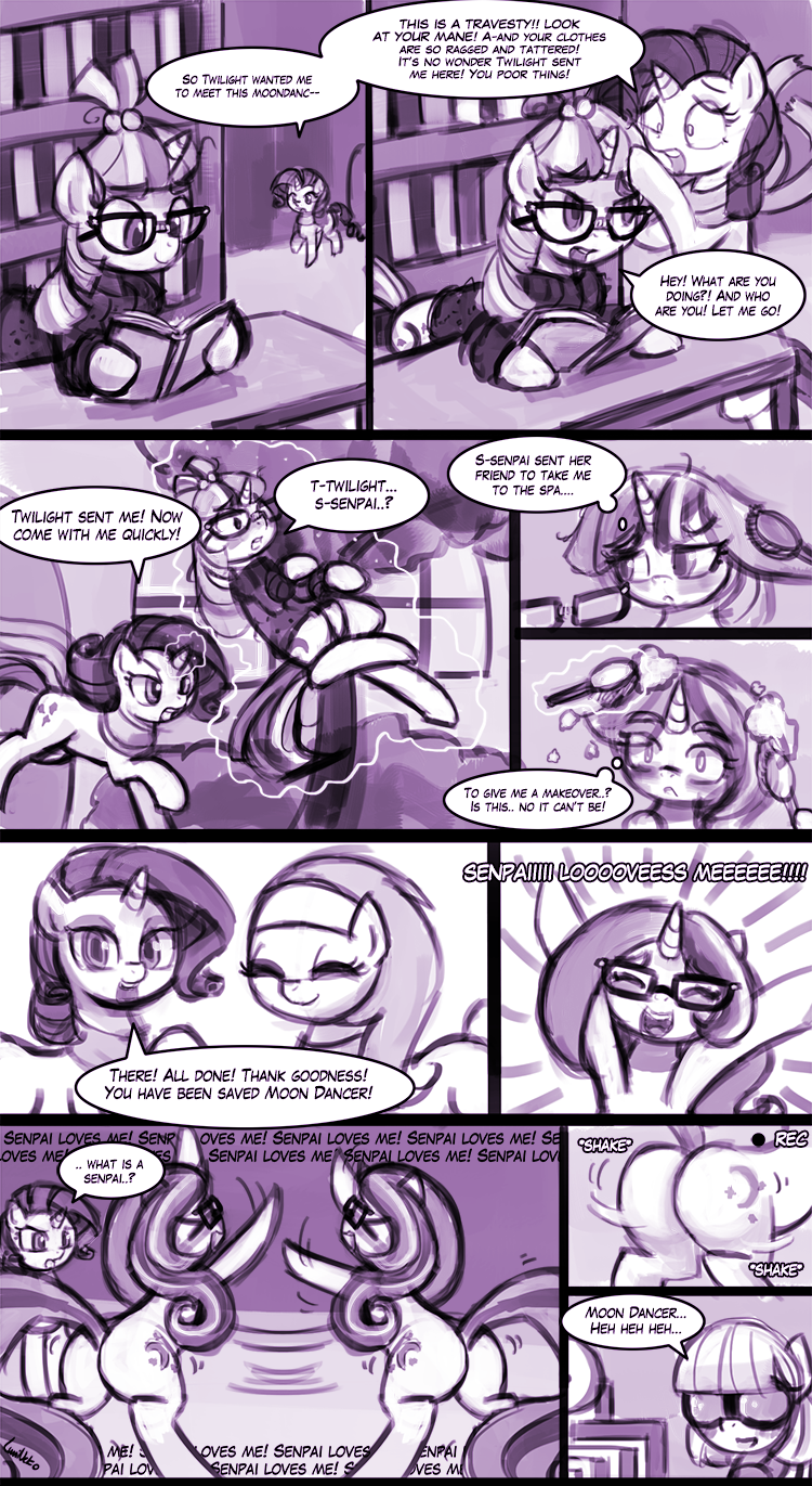 aloe butt comic dancing equine eyewear female friendship_is_magic glasses horn horse lumineko makeover mammal moondancer_(mlp) my_little_pony nerd photo_finish_(mlp) pony rarity_(mlp) senpai spa unicorn