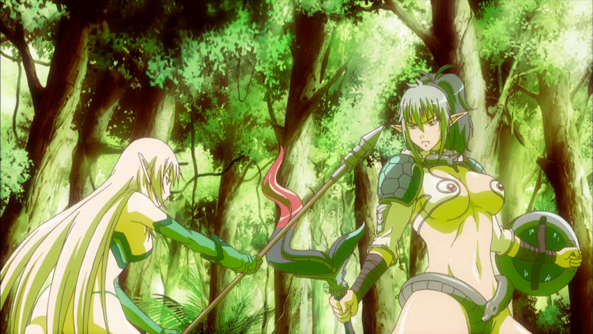 2girls alleyne_(queen's_blade) alleyne_(queen's_blade) animated animated_gif armor blonde_hair breasts echidna elf fighting green_hair large_breasts long_hair multiple_girls pointy_ears queen's_blade queen's_blade snake staff sword weapon