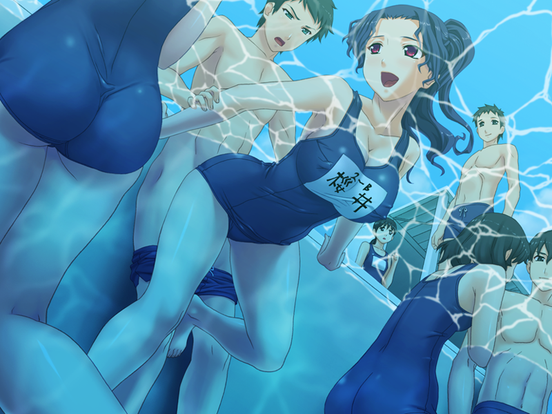 4boys 4girls arm_grab ass barefoot black_hair blue_hair breasts cleavage erect_nipples feet from_below game_cg large_breasts legs long_hair looking_back multiple_boys multiple_girls okiyumi_kase one-piece_swimsuit open_mouth partially_submerged ponytail pool public public_sex red_eyes sarasare_tsuma sex standing swimsuit thighs underwater vaginal water wet