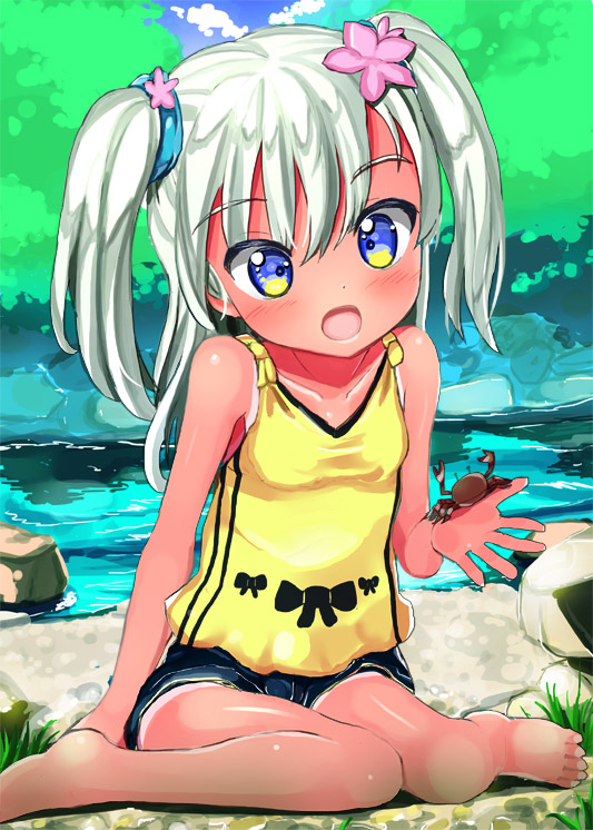 alternate_hairstyle animal bare_legs barefoot blonde_hair blue_eyes blush casual commentary_request crab crustacean dada_(esoragoto) flower hair_flower hair_ornament kantai_collection long_hair open_mouth ro-500_(kantai_collection) shorts sitting smile solo tan tank_top tanline twintails wariza