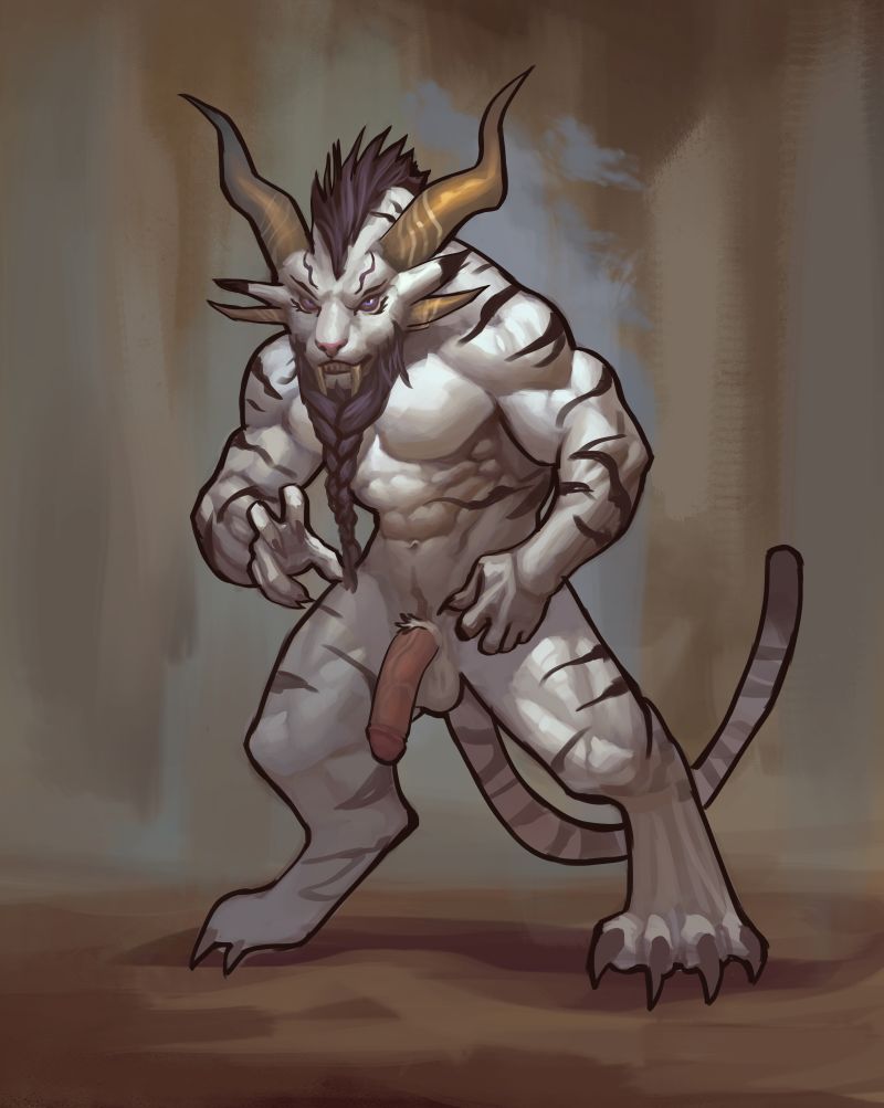 balls beard blazingifrit charr claws facial_hair feline guild_wars horn humanoid_penis male mammal muscles nude penis solo standing vein video_games