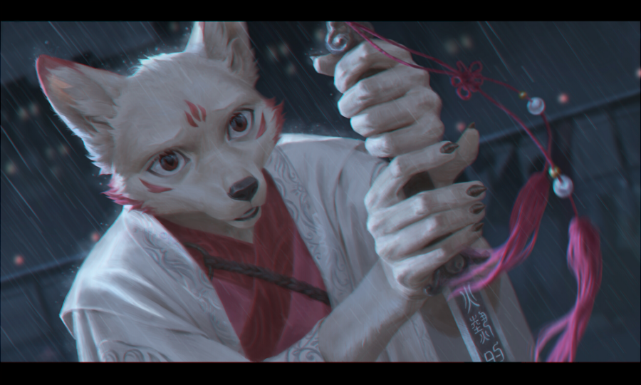 anthro black_nose brown_eyes canid canine claws clothing digital_media_(artwork) ear_tuft fur holding_object holding_sword mammal markings melee_weapon open_mouth realistic red_markings solo sword terry_grimm tuft weapon white_fur