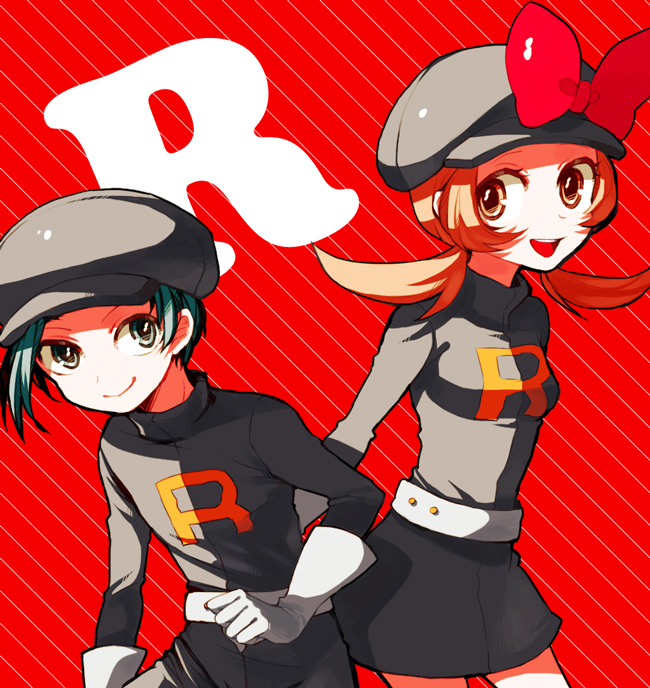 1girl bad_id bad_pixiv_id bow brown_eyes brown_hair cabbie_hat clothes_writing cosplay dada_(dolce) gloves gold_(pokemon) hat hat_ribbon kotone_(pokemon) pokemon pokemon_(game) pokemon_hgss red_ribbon ribbon short_twintails skirt team_rocket_uniform twintails