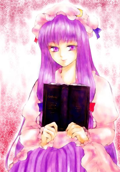 book hat hazuki_iku patchouli_knowledge purple_eyes purple_hair solo touhou