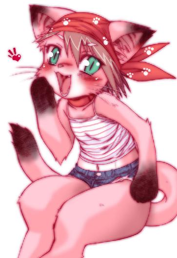 animal_ears artist_request bandanna cat_ears cat_tail character_request copyright_request cute furry green_eyes laughing neko_wife nekowife pink_hair source_request tail