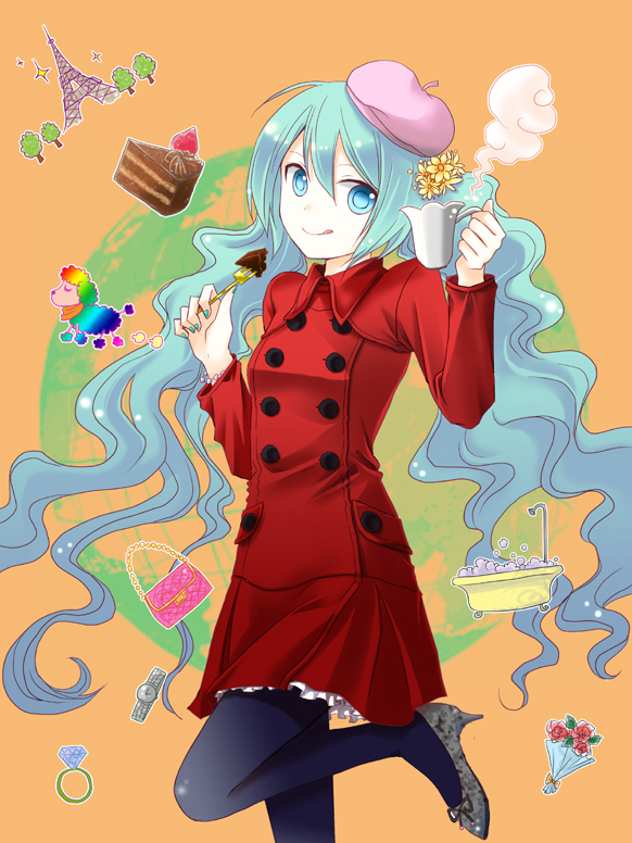 :q aqua_eyes aqua_hair aqua_nails bad_id bad_pixiv_id bag beret cake coat cup flower food handbag hat hatsune_miku hirako jewelry long_hair nail_polish pantyhose pastry poodle ring solo tongue tongue_out very_long_hair vocaloid watch wristwatch