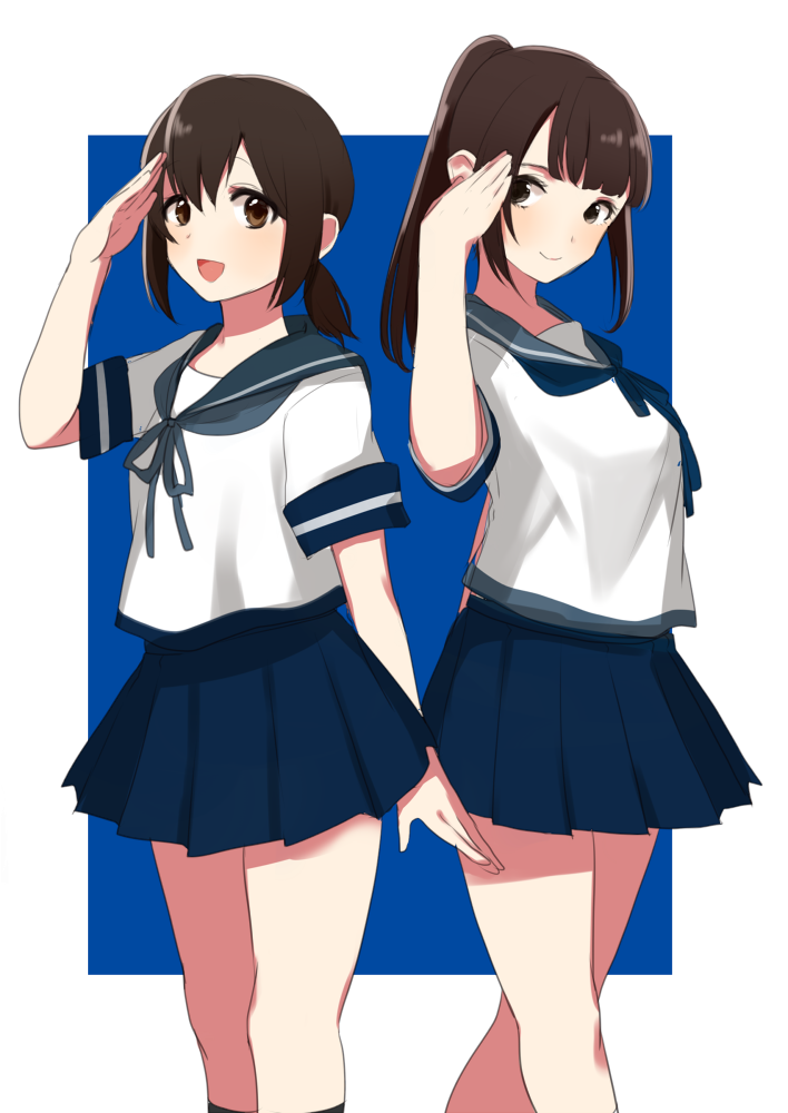 bad_id bad_pixiv_id black_hair cosplay fubuki_(kantai_collection) fubuki_(kantai_collection)_(cosplay) kantai_collection long_hair looking_at_viewer misumi_(macaroni) multiple_girls neckerchief ponytail real_life salute school_uniform seiyuu seiyuu_connection serafuku skirt smile uesaka_sumire