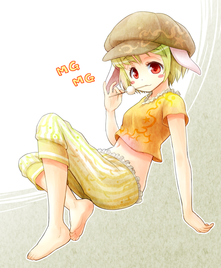 animal_ears barefoot blonde_hair blush_stickers bunny_ears crop_top dango feet flat_cap floppy_ears food hat mg_mg midriff morioka_itari navel orange_shirt red_eyes ringo_(touhou) shirt short_hair short_sleeves skewer solo touhou wagashi