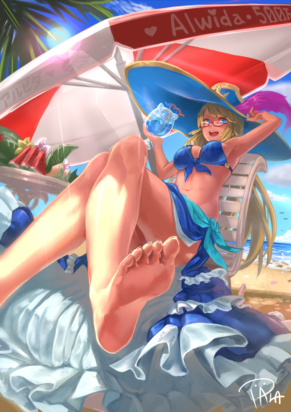 armpits awilda_(p&amp;d) barefoot beach beach_umbrella bikini blonde_hair blue_eyes chair crossed_legs cup day feet food fruit glasses hat hat_feather long_hair ocean outdoors puzzle_&amp;_dragons scotishfold skirt sky smile soles solo sun_hat swimsuit toes umbrella water watermelon