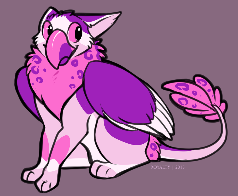2015 avian beak cute feathered_wings feathers female feral fur gryphon line_art neck_tuft pink_feathers pink_fur portrait purple_eyes purple_feathers purple_fur purple_spots royalty_(artist) royalty_(character) simple_background solo tuft white_feathers white_fur wings