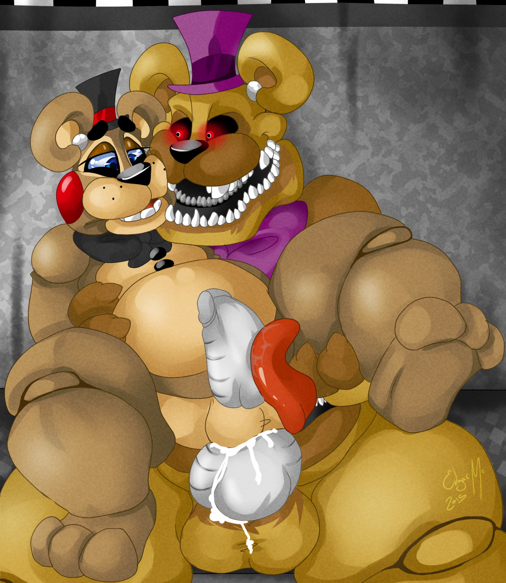anal anal_penetration animatronic anthro balls barefoot bear big_feet bow chubby cowgirl_position cum cum_in_ass cum_inside cum_on_balls cum_on_penis erection fellatio five_nights_at_freddy's five_nights_at_freddy's_2 five_nights_at_freddy's_4 fronnie glowing glowing_eyes half-closed_eyes headgear licking looking_down machine male male/male mammal nightmare_fredbear_(fnaf) nude on_top open_mouth oral orgasm penetration penis robot saliva sex sharp_teeth sitting size_difference smile spread_legs spreading teeth thick_penis tongue tongue_out toy_freddy_(fnaf) video_games