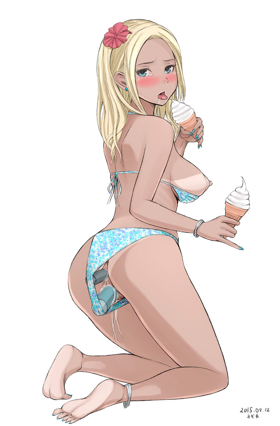 anal anal_insertion anal_object_insertion areolae artist_request ass barefoot bikini blonde_hair blue_eyes blush bracelet breasts breasts_outside censored dildo feet female food highres ice_cream jewelry kneeling long_hair looking_at_viewer multiple_insertions neginegio nipples object_insertion open_mouth original panties pussy_juice sex_toys sideboob simple_background soles solo swimsuit tan tanline tears tongue tongue_out underwear vaginal vaginal_insertion vaginal_object_insertion vibrator vibrator_under_panties