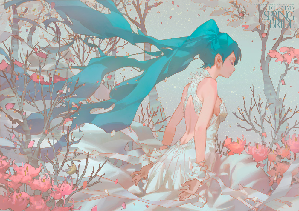 aqua_hair arms_at_sides back back_cutout bare_shoulders breasts closed_eyes dress facing_viewer floating_hair flower from_behind krenz long_hair original sideboob sleeveless sleeveless_dress solo tree twintails very_long_hair white_dress