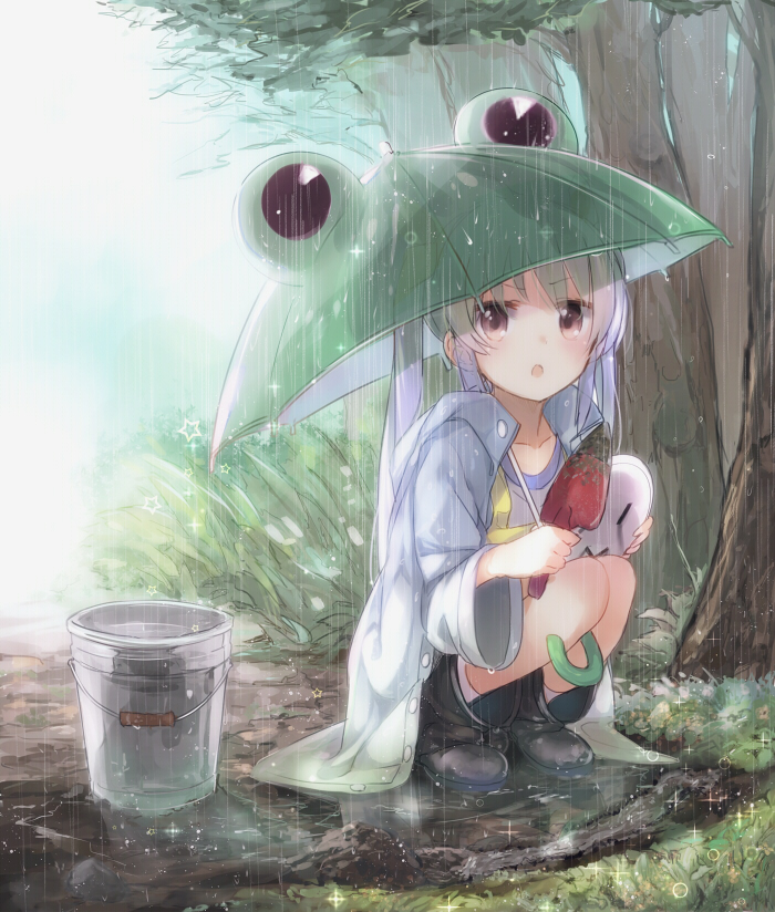 :o animal_themed_umbrella black_footwear blush boots brown_hair bucket coat collarbone day holding kojiki-life long_hair mask miyauchi_renge non_non_biyori open_clothes open_coat open_mouth outdoors purple_hair rain raincoat red_eyes rubber_boots shirt socks solo sparkle squatting tree trowel twintails umbrella white_legwear