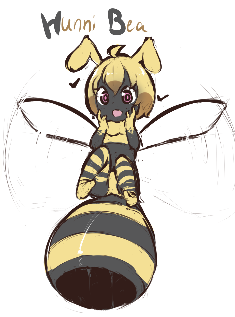 2014 ahoge arthropod bee blonde_hair chest_tuft clothing digital_media_(artwork) female flying fur hair hunni_bea insect loliswitch open_mouth pink_eyes simple_background sketch solo tuft underwear white_background wings young