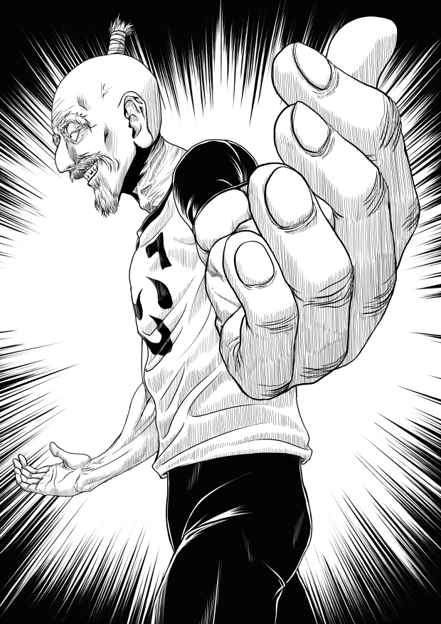 beard emphasis_lines facial_hair foreshortening from_side greyscale hisshamaru hunter_x_hunter isaac_netero male_focus monochrome old_man outstretched_arms ponytail shirt solo t-shirt