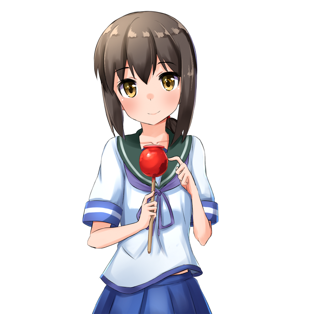 ame. black_hair brown_eyes candy_apple food fubuki_(kantai_collection) kantai_collection long_hair school_uniform serafuku solo