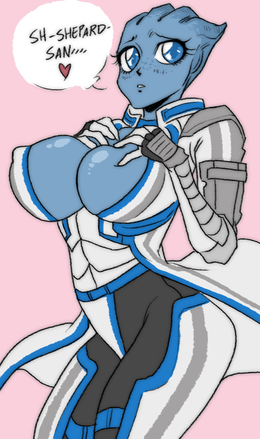 &lt;3 alien asari big_breasts blue_eyes blue_skin blush breasts cleavage clothed clothing english_text female ghostgreen hand_on_breast huge_breasts humanoid liara_t'soni mass_effect not_furry pink_background simple_background solo speech_bubble text video_games