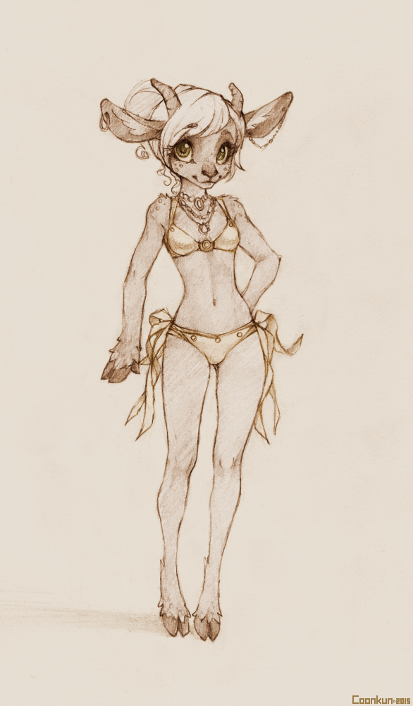 bikini caprine clothed clothing coonkun cute female freckles goat hooves horn mammal monochrome skimpy solo swimsuit