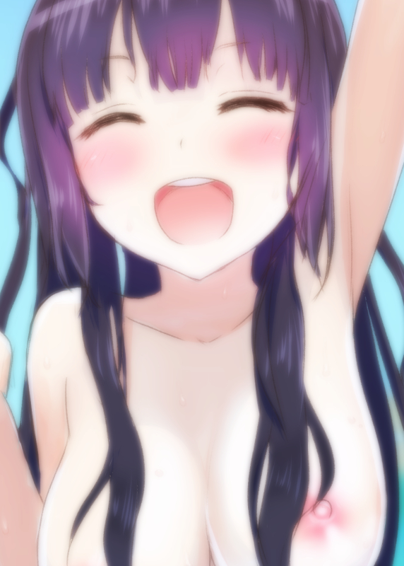 armpits black_hair blue_background blush breasts close-up closed_eyes dungeon_ni_deai_wo_motomeru_no_wa_machigatteiru_darou_ka facing_viewer hair_over_breasts hestia_(danmachi) koumo large_breasts long_hair nipples nude open_mouth purple_hair simple_background solo upper_body waving