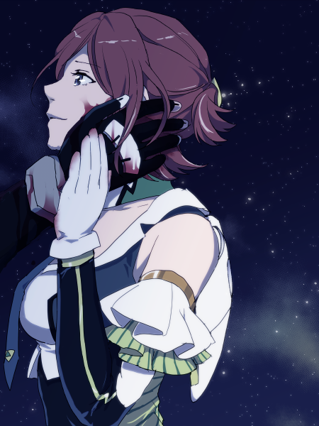 blood blood_on_face bloody_clothes blue_eyes cero_(cerocero) couple hand_on_another's_cheek hand_on_another's_face hetero kaname_buccaneer macross macross_delta messer_ihlefeld red_hair short_hair tearing_up