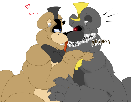 angry animatronic anthro bear bow chubby english_text five_nights_at_freddy's five_nights_at_freddy's_4 freddy_(fnaf) fronnie glowing glowing_eyes hat licking machine male male/male mammal nightmare_(fnaf) nude open_mouth robot sharp_claws sharp_teeth sitting smile stare teeth text tongue tongue_out video_games