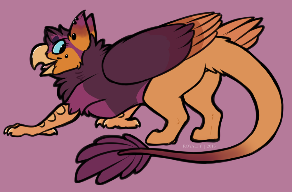2015 avian beak blue_eyes brown_feathers brown_fur claws cute ear_piercing feathered_wings feathers female feral fur gryphon looking_back neck_tuft open_mouth piercing purple_feathers purple_fur royalty_(artist) simple_background solo summer_(fluffycarnivore) tongue tuft wings