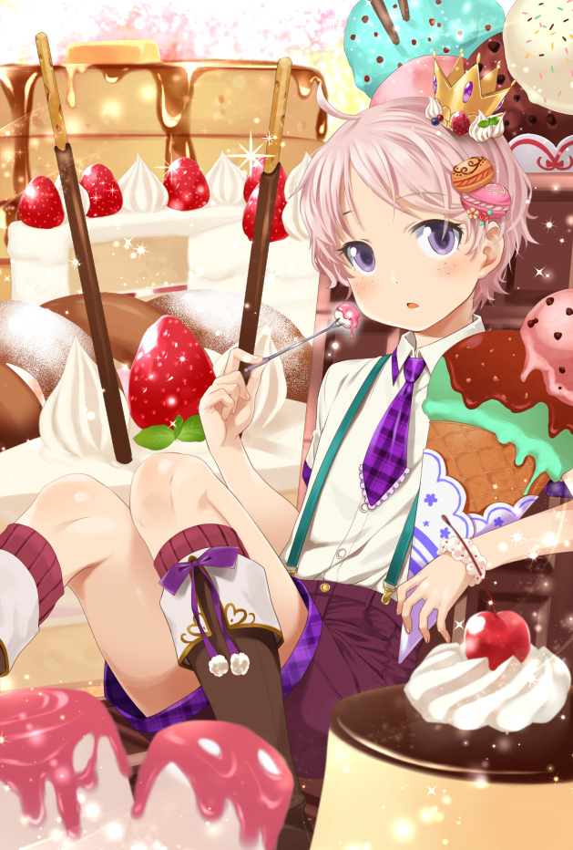 agemono bad_id bad_pixiv_id blush boots cake candy cherry crown food fork fruit hair_ornament ice_cream ice_cream_cone looking_at_viewer macaron male_focus marshmallow necktie original pancake pink_hair pocky purple_eyes shorts smile solo sparkle stack_of_pancakes strawberry suspenders