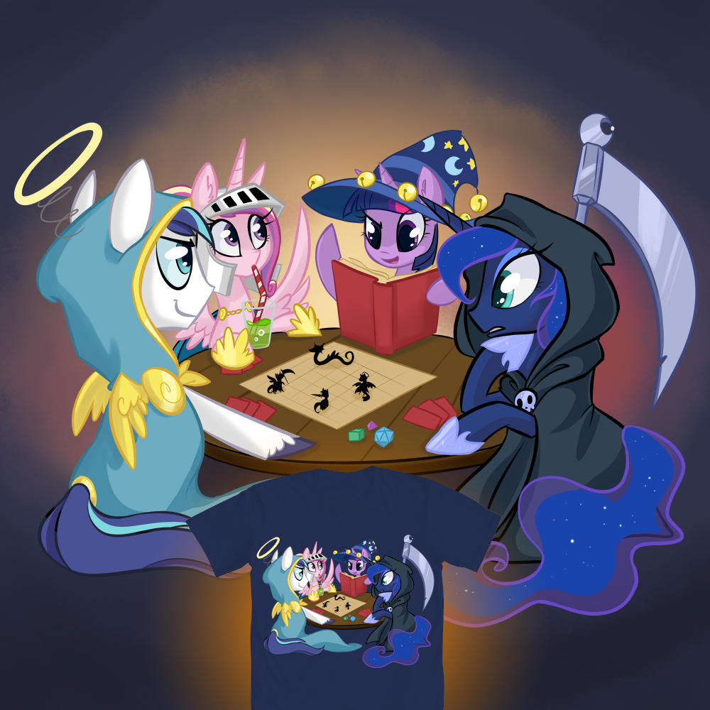 2015 armor blue_hair book card cloak clothing dice dungeons_&amp;_dragons equine female feral friendship_is_magic game_(disambiguation) group hair hat helmet hollulu horn horse long_hair male mammal melee_weapon multicolored_hair my_little_pony pony princess_cadance_(mlp) princess_luna_(mlp) scythe shining_armor_(mlp) shirt twilight_sparkle_(mlp) unicorn weapon winged_unicorn wings