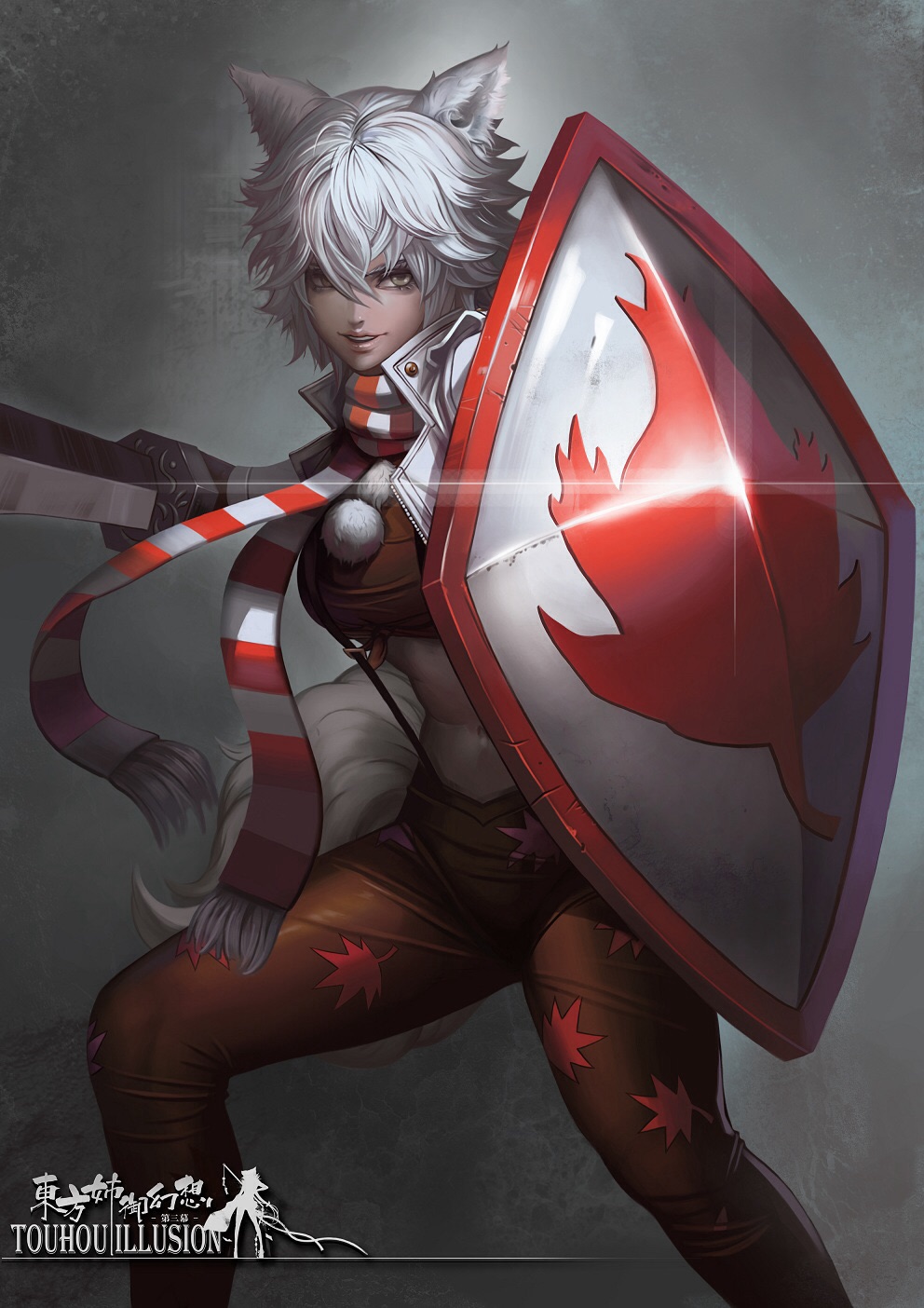 adapted_costume alternate_costume animal_ears banned_artist breasts brown_pants copyright_name gauntlets grey_eyes highres inubashiri_momiji leaf_print looking_at_viewer maple_leaf_print medium_breasts midriff pants parted_lips scarf shield smile solo striped striped_scarf suspenders sword tail tight tight_pants touhou weapon white_hair wolf_ears wolf_tail yinan_cui