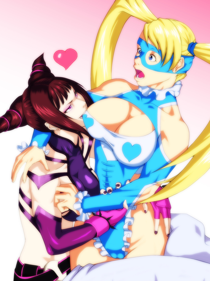 arm_grab bare_shoulders belt blonde_hair blue_eyes bracelet breast_biting breasts cleavage drill_hair elbow_sleeve halter_top halterneck han_juri hand_on_hip heart jewelry large_breasts leg_lock looking_at_another mask multiple_girls nail_polish open_mouth pink_nails purple_eyes rainbow_mika raliugaxxx smile spiked_bracelet spikes street_fighter street_fighter_iv_(series) street_fighter_zero_(series) surprised twin_drills twintails wrestling_outfit yuri