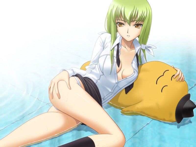 40010prototype breasts c.c. cheese-kun code_geass duplicate green_hair long_hair medium_breasts non-web_source open_clothes open_shirt shirt water yellow_eyes