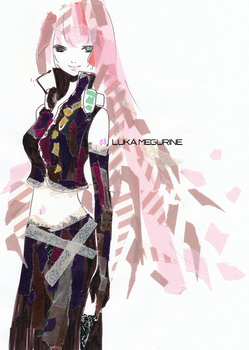 collage gloves headset heterochromia long_hair megurine_luka pink_hair solo syoring tattoo traditional_media vocaloid
