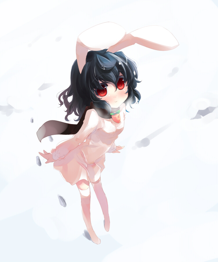 animal_ears black_hair blush bunny_ears inaba_tewi red_eyes scarf shin_(new) short_hair smile snow solo thighhighs touhou