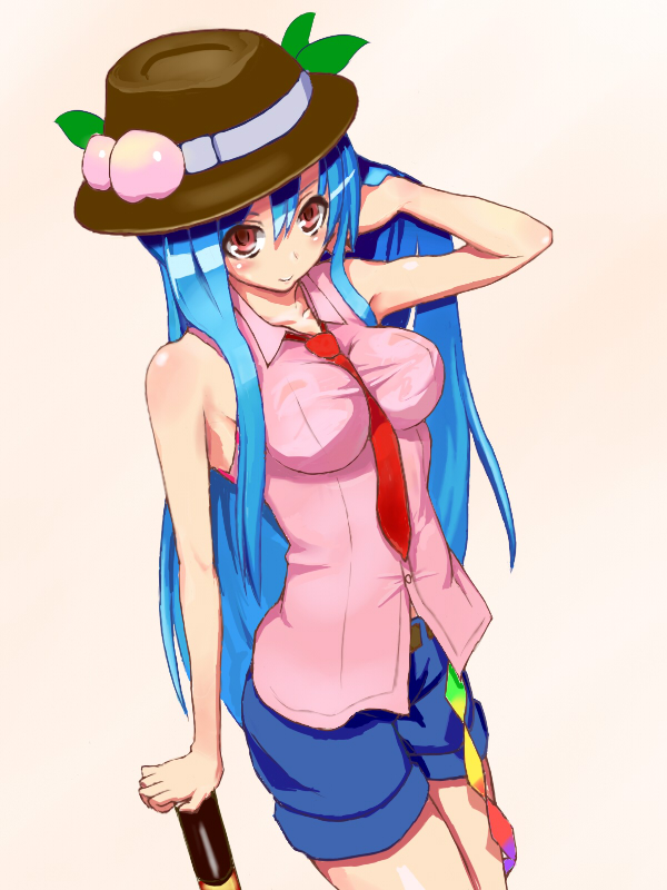 alternate_costume bad_id bad_pixiv_id blue_hair breasts casual contemporary hat hinanawi_tenshi impossible_clothes impossible_shirt long_hair necktie okaki shirt sleeveless solo touhou