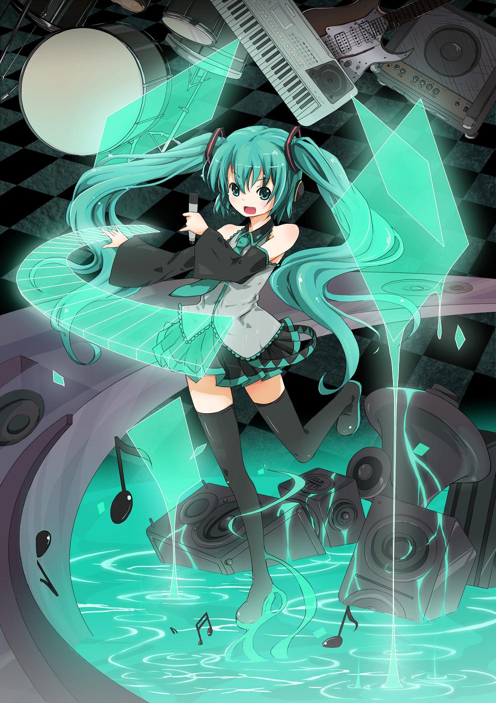 aqua_eyes aqua_hair detached_sleeves drum guitar hatsune_miku headphones headset highres instrument keyboard_(instrument) legs long_hair megaphone microphone musical_note necktie skirt smile solo speaker thighhighs twintails very_long_hair vocaloid zettai_ryouiki zhao_shuwen