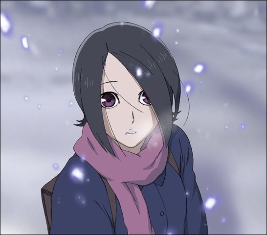 backpack bag blue_snow haruka kaminogi_haruka noein purple_eyes randoseru scarf short_hair snow violet_eyes