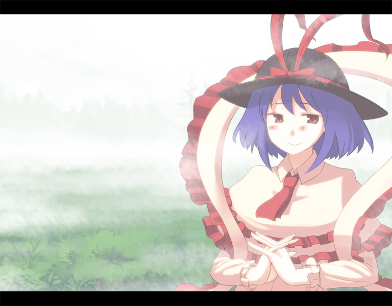 blue_hair blush bowl bowl_hat capelet dress frills hands_clasped hat looking_at_viewer nagae_iku own_hands_together red_eyes solo takuzui touhou upper_body white_dress