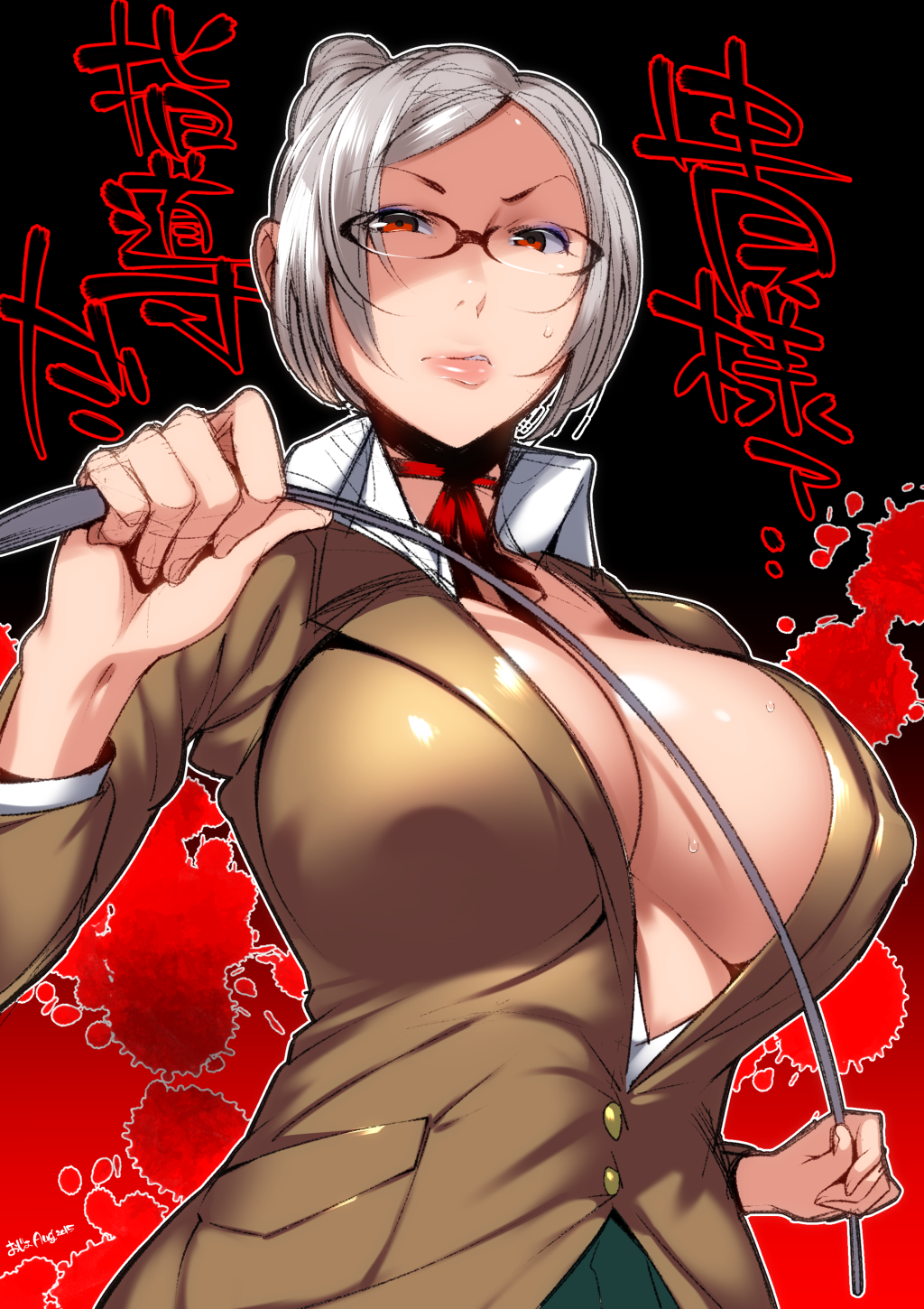 angry breasts center_opening choker cleavage glasses highres large_breasts lips looking_at_viewer ojo_(dfreak) pointer prison_school red_eyes ribbon_choker school_uniform shiraki_meiko short_hair silver_hair solo sweat whip