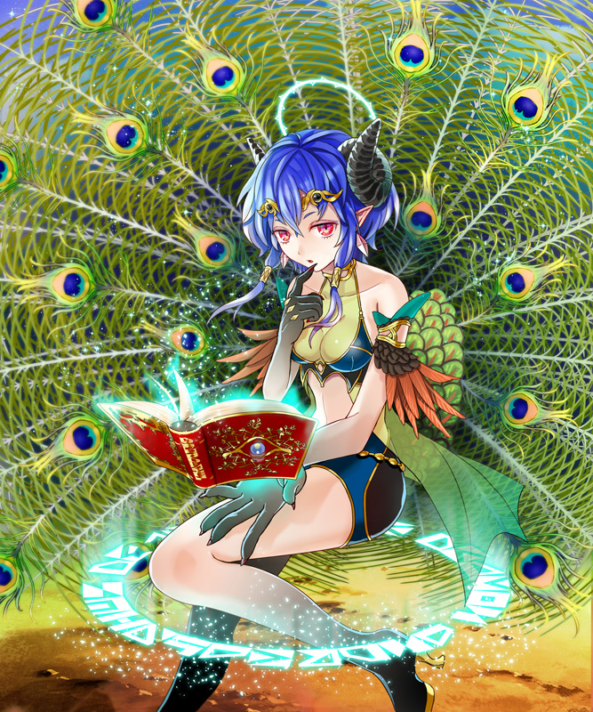 armlet bare_shoulders blue_hair book bra earrings finger_to_mouth high_heels horns jewelry kuroi midriff monster_girl navel official_art peacock_feathers pink_eyes pointy_ears senjou_no_electro_girl sheep_horns short_hair solo underwear