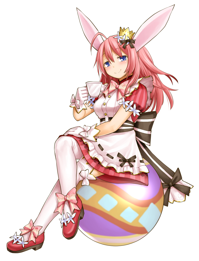 ahoge animal_ears ankle_bow ankle_ribbon ball blue_eyes bow breasts bunny_ears character_request crossed_legs crown cup gloves kasuga_yukihito long_hair mary_janes medium_breasts mini_crown pink_hair puff_and_slash_sleeves puffy_sleeves ribbon shoes sitting smile solo teacup thighhighs white_gloves white_legwear