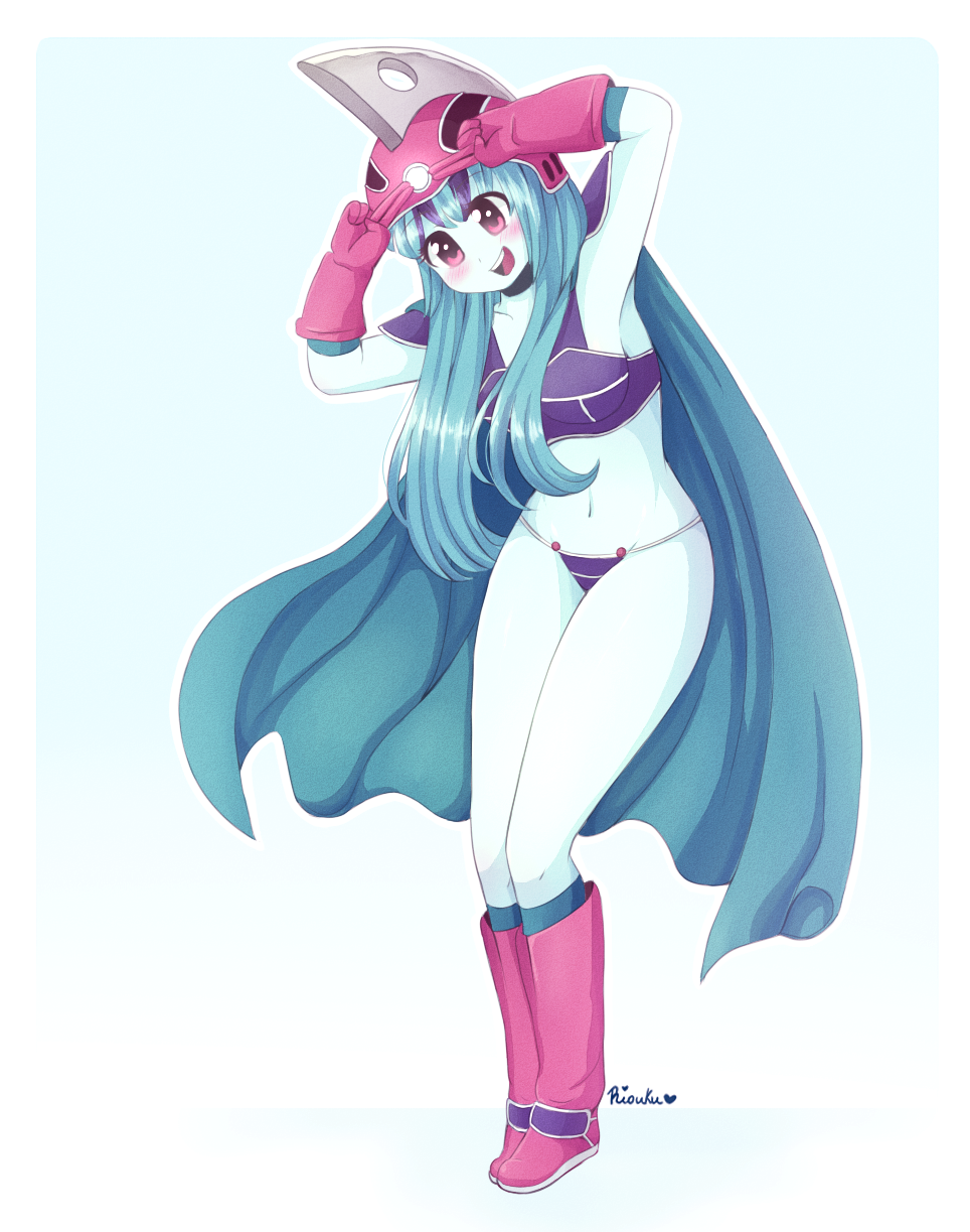 armpits blue_hair blue_skin blush chi-chi_(dragon_ball) chi-chi_(dragon_ball)_(cosplay) cosplay dragon_ball equestria_girls gloves gradient gradient_background my_little_pony my_little_pony_equestria_girls pink_eyes ponytail riouko solo sonata_dusk wide_hips