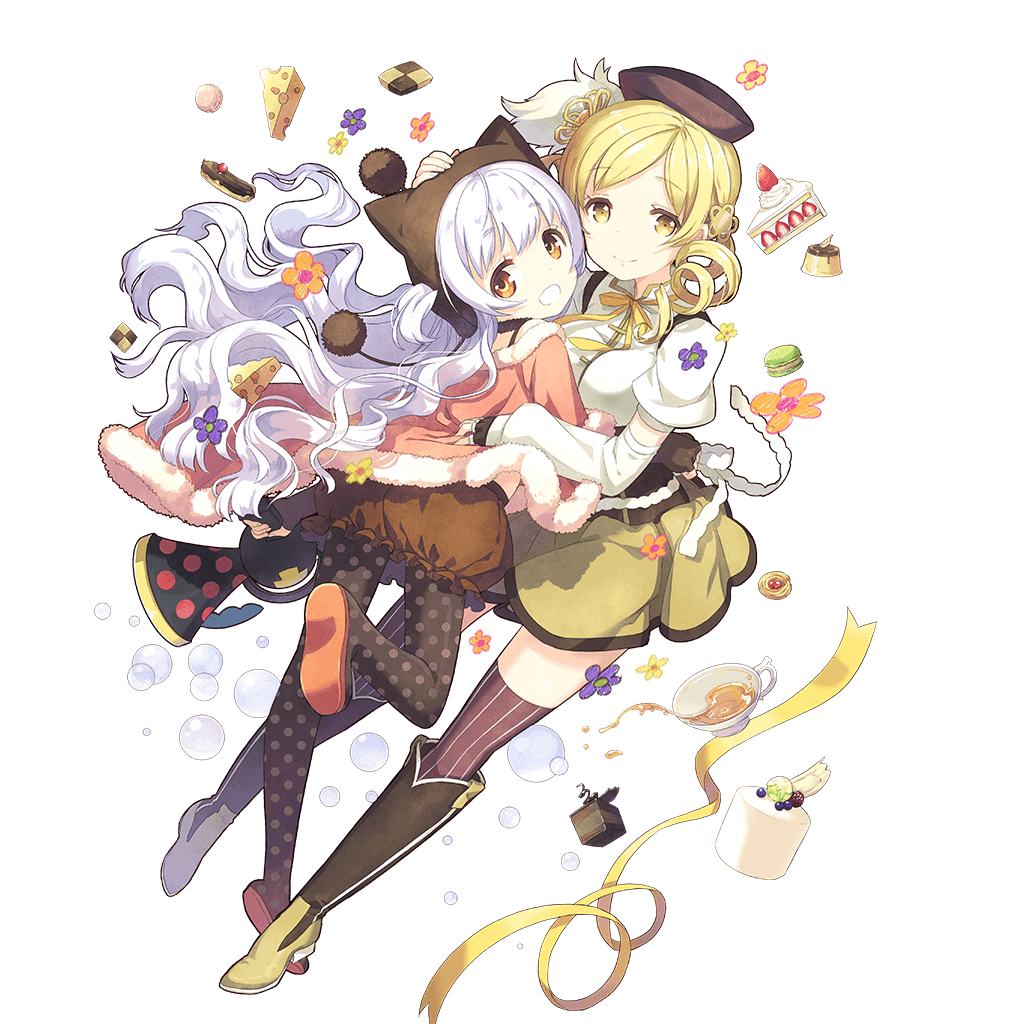 beret blonde_hair boots brown_legwear bubble bubble_skirt cake candy checkerboard_cookie checkered cheese cookie corset cup dessert detached_sleeves drill_hair fingerless_gloves flower food fruit full_body gloves hair_ornament hairpin hat hug instrument kaguyuzu knee_boots long_hair looking_at_viewer macaron magical_girl mahou_shoujo_madoka_magica mahou_shoujo_madoka_magica_movie momoe_nagisa multicolored multicolored_eyes multiple_girls mutual_hug official_art pantyhose pastry petting pleated_skirt polka_dot polka_dot_legwear pom_pom_(clothes) pudding puffy_sleeves ribbon ringed_eyes skirt slice_of_cake smile strawberry strawberry_shortcake striped striped_legwear swiss_cheese tea teacup thighhighs tomoe_mami transparent_background trumpet twin_drills twintails two_side_up vertical-striped_legwear vertical_stripes whipped_cream white_hair yellow_eyes yellow_ribbon