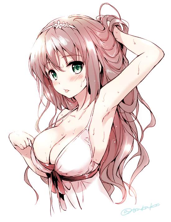 arm_up armpits blush breasts brown_hair character_request cleavage copyright_request dress green_eyes hairband halterneck hand_in_hair kurimomo large_breasts long_hair looking_at_viewer monochrome simple_background solo spot_color strap_gap tiara tongue tongue_out twitter_username upper_body wet